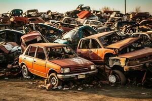 oxidando antiguo basura carros con ambiente contaminación en depósito de chatarra para reciclaje. abandonado coche residuos concepto por ai generado foto