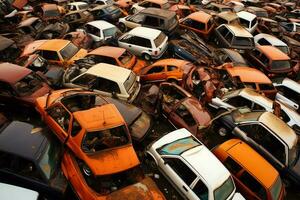 oxidando antiguo basura carros con ambiente contaminación en depósito de chatarra para reciclaje. abandonado coche residuos concepto por ai generado foto