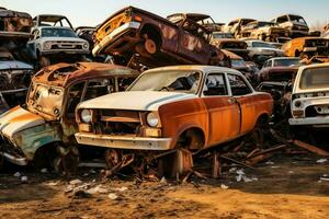 oxidando antiguo basura carros con ambiente contaminación en depósito de chatarra para reciclaje. abandonado coche residuos concepto por ai generado foto