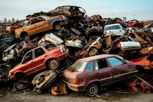 oxidando antiguo basura carros con ambiente contaminación en depósito de chatarra para reciclaje. abandonado coche residuos concepto por ai generado foto