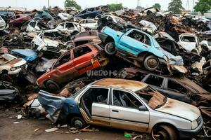 oxidando antiguo basura carros con ambiente contaminación en depósito de chatarra para reciclaje. abandonado coche residuos concepto por ai generado foto