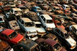 oxidando antiguo basura carros con ambiente contaminación en depósito de chatarra para reciclaje. abandonado coche residuos concepto por ai generado foto