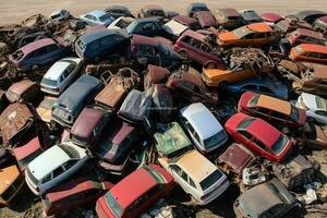 oxidando antiguo basura carros con ambiente contaminación en depósito de chatarra para reciclaje. abandonado coche residuos concepto por ai generado foto