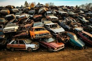 oxidando antiguo basura carros con ambiente contaminación en depósito de chatarra para reciclaje. abandonado coche residuos concepto por ai generado foto