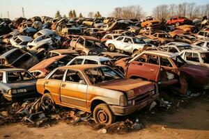 oxidando antiguo basura carros con ambiente contaminación en depósito de chatarra para reciclaje. abandonado coche residuos concepto por ai generado foto