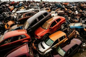 oxidando antiguo basura carros con ambiente contaminación en depósito de chatarra para reciclaje. abandonado coche residuos concepto por ai generado foto