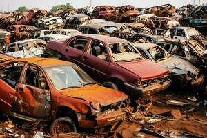 Rusting old junk cars with environment pollution in junkyard for recycling. Abandoned car waste concept by AI Generated photo