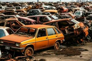 oxidando antiguo basura carros con ambiente contaminación en depósito de chatarra para reciclaje. abandonado coche residuos concepto por ai generado foto