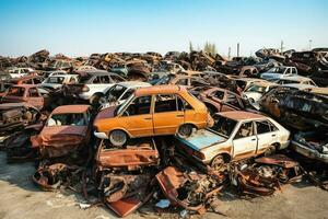 oxidando antiguo basura carros con ambiente contaminación en depósito de chatarra para reciclaje. abandonado coche residuos concepto por ai generado foto