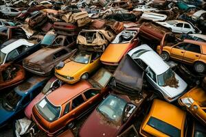 Rusting old junk cars with environment pollution in junkyard for recycling. Abandoned car waste concept by AI Generated photo