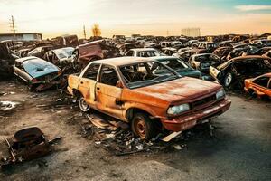 oxidando antiguo basura carros con ambiente contaminación en depósito de chatarra para reciclaje. abandonado coche residuos concepto por ai generado foto