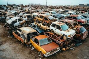 Rusting old junk cars with environment pollution in junkyard for recycling. Abandoned car waste concept by AI Generated photo