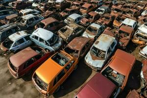 oxidando antiguo basura carros con ambiente contaminación en depósito de chatarra para reciclaje. abandonado coche residuos concepto por ai generado foto