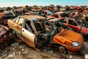 oxidando antiguo basura carros con ambiente contaminación en depósito de chatarra para reciclaje. abandonado coche residuos concepto por ai generado foto