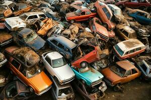 oxidando antiguo basura carros con ambiente contaminación en depósito de chatarra para reciclaje. abandonado coche residuos concepto por ai generado foto