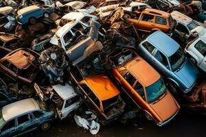 oxidando antiguo basura carros con ambiente contaminación en depósito de chatarra para reciclaje. abandonado coche residuos concepto por ai generado foto