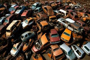 oxidando antiguo basura carros con ambiente contaminación en depósito de chatarra para reciclaje. abandonado coche residuos concepto por ai generado foto