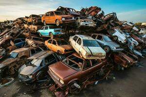 oxidando antiguo basura carros con ambiente contaminación en depósito de chatarra para reciclaje. abandonado coche residuos concepto por ai generado foto