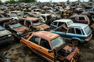 Rusting old junk cars with environment pollution in junkyard for recycling. Abandoned car waste concept by AI Generated photo