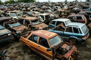 oxidando antiguo basura carros con ambiente contaminación en depósito de chatarra para reciclaje. abandonado coche residuos concepto por ai generado foto