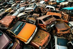 Rusting old junk cars with environment pollution in junkyard for recycling. Abandoned car waste concept by AI Generated photo