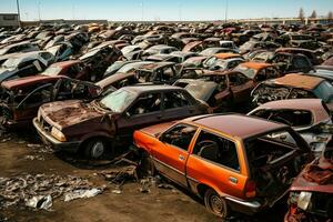 oxidando antiguo basura carros con ambiente contaminación en depósito de chatarra para reciclaje. abandonado coche residuos concepto por ai generado foto