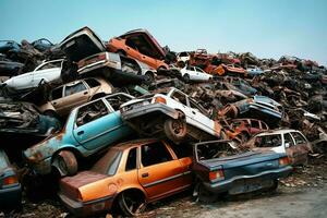 oxidando antiguo basura carros con ambiente contaminación en depósito de chatarra para reciclaje. abandonado coche residuos concepto por ai generado foto