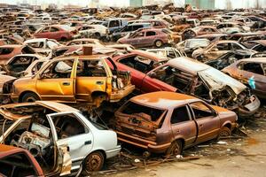 oxidando antiguo basura carros con ambiente contaminación en depósito de chatarra para reciclaje. abandonado coche residuos concepto por ai generado foto