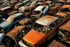 oxidando antiguo basura carros con ambiente contaminación en depósito de chatarra para reciclaje. abandonado coche residuos concepto por ai generado foto