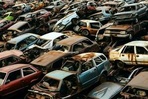 oxidando antiguo basura carros con ambiente contaminación en depósito de chatarra para reciclaje. abandonado coche residuos concepto por ai generado foto