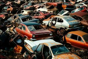 oxidando antiguo basura carros con ambiente contaminación en depósito de chatarra para reciclaje. abandonado coche residuos concepto por ai generado foto