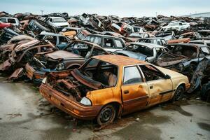 oxidando antiguo basura carros con ambiente contaminación en depósito de chatarra para reciclaje. abandonado coche residuos concepto por ai generado foto