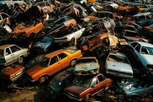 oxidando antiguo basura carros con ambiente contaminación en depósito de chatarra para reciclaje. abandonado coche residuos concepto por ai generado foto