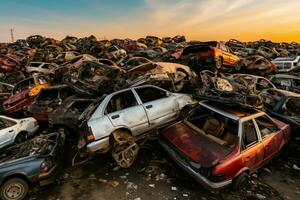 Rusting old junk cars with environment pollution in junkyard for recycling. Abandoned car waste concept by AI Generated photo