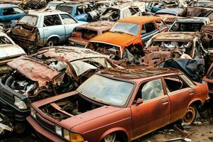 oxidando antiguo basura carros con ambiente contaminación en depósito de chatarra para reciclaje. abandonado coche residuos concepto por ai generado foto