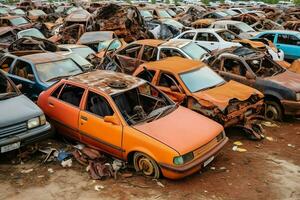 oxidando antiguo basura carros con ambiente contaminación en depósito de chatarra para reciclaje. abandonado coche residuos concepto por ai generado foto