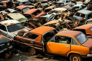 oxidando antiguo basura carros con ambiente contaminación en depósito de chatarra para reciclaje. abandonado coche residuos concepto por ai generado foto
