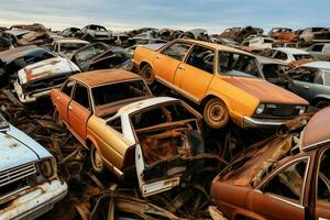 oxidando antiguo basura carros con ambiente contaminación en depósito de chatarra para reciclaje. abandonado coche residuos concepto por ai generado foto