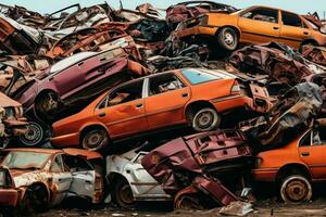 oxidando antiguo basura carros con ambiente contaminación en depósito de chatarra para reciclaje. abandonado coche residuos concepto por ai generado foto