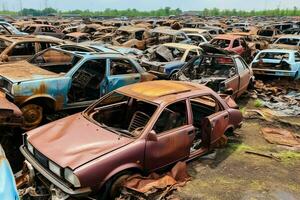 oxidando antiguo basura carros con ambiente contaminación en depósito de chatarra para reciclaje. abandonado coche residuos concepto por ai generado foto