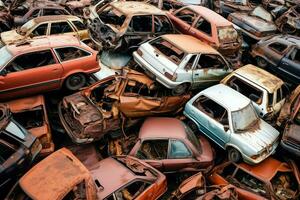 Rusting old junk cars with environment pollution in junkyard for recycling. Abandoned car waste concept by AI Generated photo