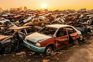 Rusting old junk cars with environment pollution in junkyard for recycling. Abandoned car waste concept by AI Generated photo