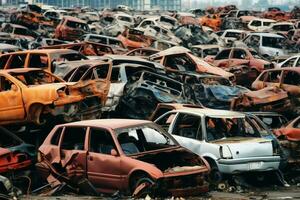 Rusting old junk cars with environment pollution in junkyard for recycling. Abandoned car waste concept by AI Generated photo