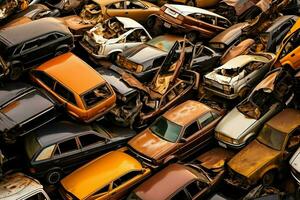 Rusting old junk cars with environment pollution in junkyard for recycling. Abandoned car waste concept by AI Generated photo