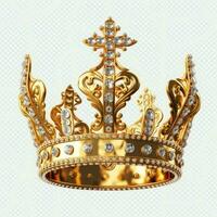 Regal golden emperor crown of a king on white background. 3D rendering luxury royal king gold crown concept by AI Generated photo