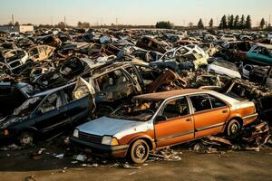 oxidando antiguo basura carros con ambiente contaminación en depósito de chatarra para reciclaje. abandonado coche residuos concepto por ai generado foto