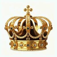 Regal golden emperor crown of a king on white background. 3D rendering luxury royal king gold crown concept by AI Generated photo