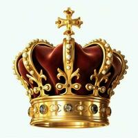 Regal golden emperor crown of a king on white background. 3D rendering luxury royal king gold crown concept by AI Generated photo