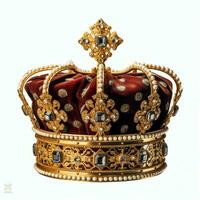 Regal golden emperor crown of a king on white background. 3D rendering luxury royal king gold crown concept by AI Generated photo