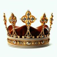 Regal golden emperor crown of a king on white background. 3D rendering luxury royal king gold crown concept by AI Generated photo